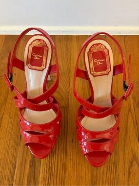 Dior Red Patent Leather Multi-Strap Slingback Heels